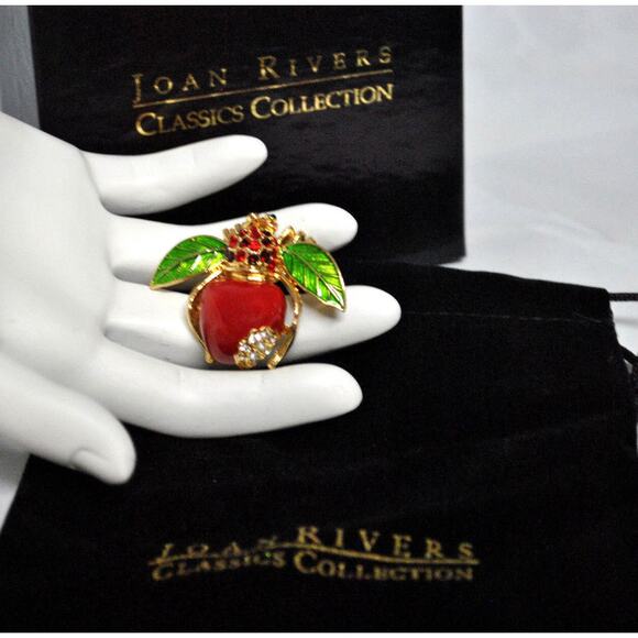 Joan Rivers Red Apple Bee Brooch Pin Pave Crystal Rhinestones Enameled Gold New - Picture 7 of 10